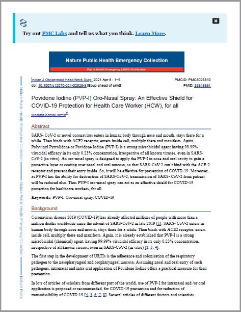 Povidone Iodine (PVP-I) Oro-Nasal Spray – An Effective Shield for COVID-19 Protection for Health Care Worker (HCW), for all